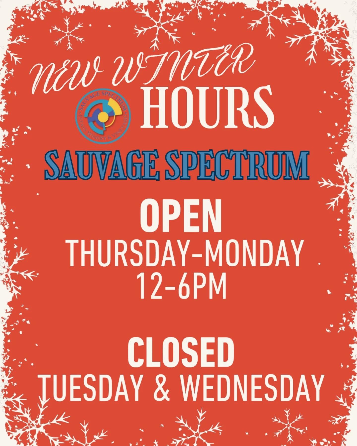 🚨🚨NEW WINTER HOURS ARE HERE 🚨🚨
❄️
❄️
We are open Thursday - Monday 12pm - 6pm

AND

We will be CLOSED Tuesdays & Wednesdays 
❄️
❄️
Don't forget to join us for HAPPY HOUR!!! Thursday - Monday 3-6pm with 50% off tapped wine by the glass!🍷🍷🍷