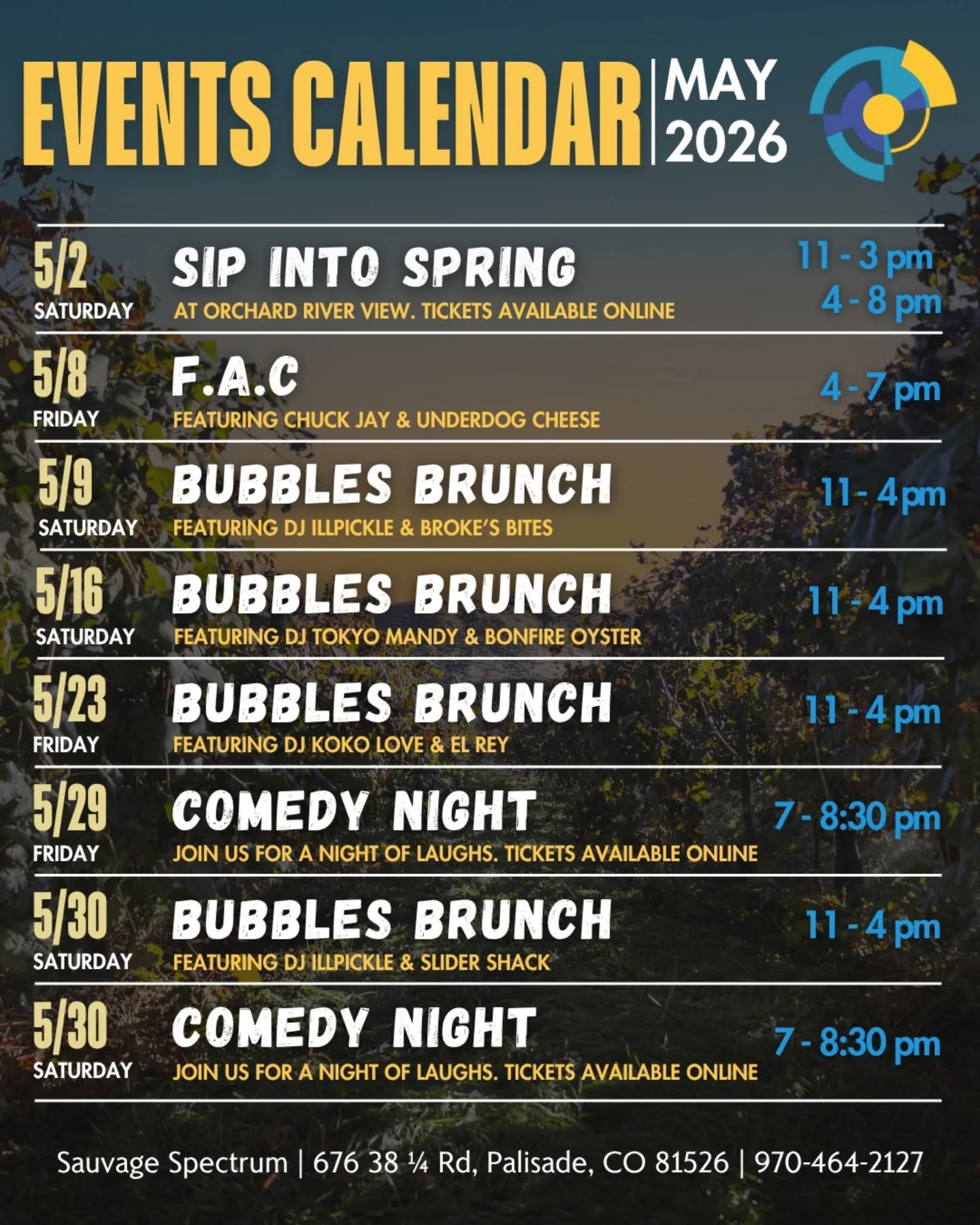 It's gonna be MAY! Which means our summer events are popping off!!🪩🥂🍷🎉👩🏼‍🎤💐
•
BUBBLES BRUNCH
F.A.C
COMEDY
And MORE!!!
•
SUMMER HOURS ARE ALSO LIVE!
Sunday - Thursday: 11am - 6pm
Friday and Saturday: 11am - 7pm
@underdogcheese 
@chuckjaymusic 
@bb_brookesbites 
@illpickle 
@djkokolove 
@bonfireoysterco 
@el_rey_mexcian_food_llc 
@slidershack
@TokyoMandy
@herroncomedy
@meltedmomentsgj
Hairtinselbydani