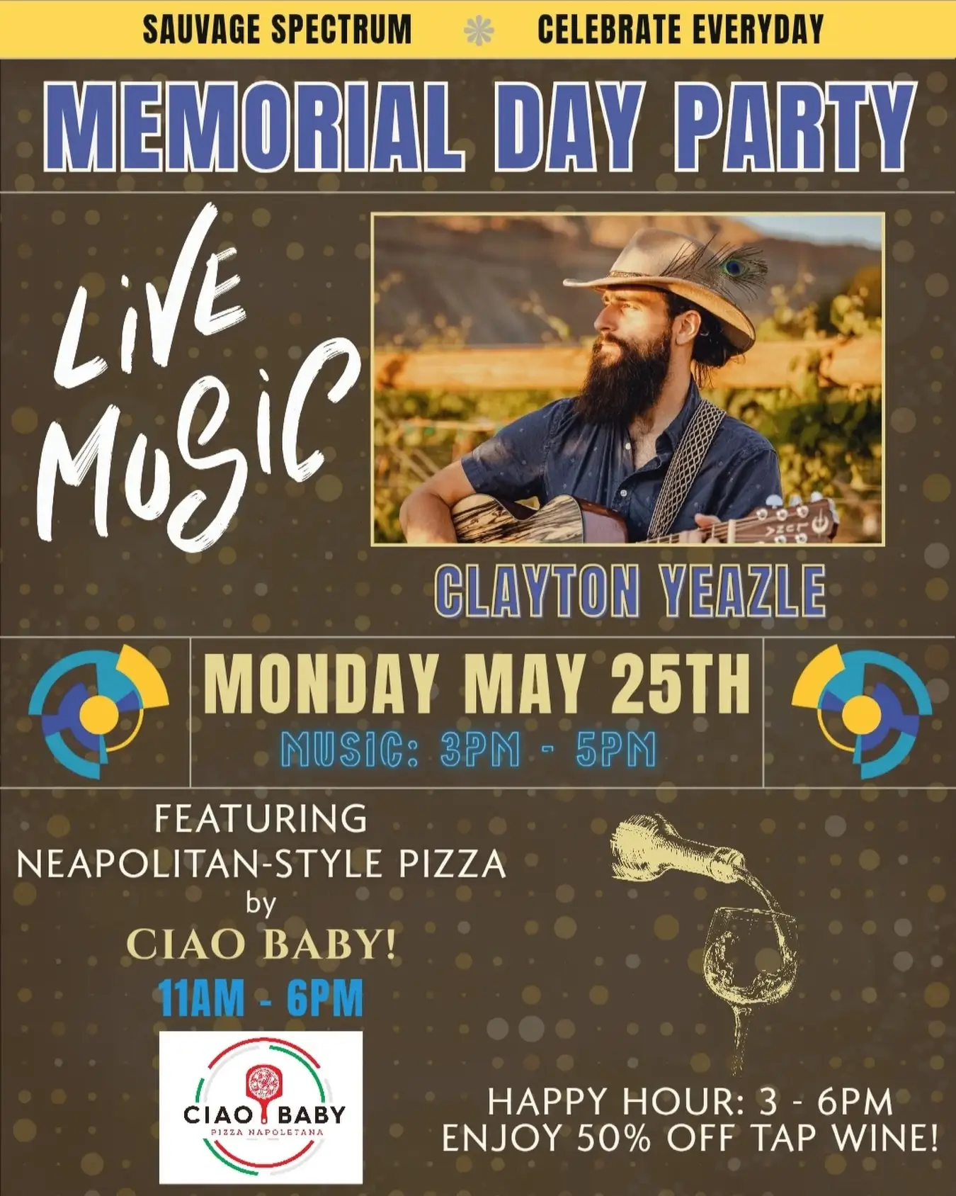 Monday
Memorial Day 🍕🍷🎸

Happy Hour!
Music by @claytonyeazle.music 

New! Neopolitan Pies by Italian Import @ciao_baby_gj 🔥